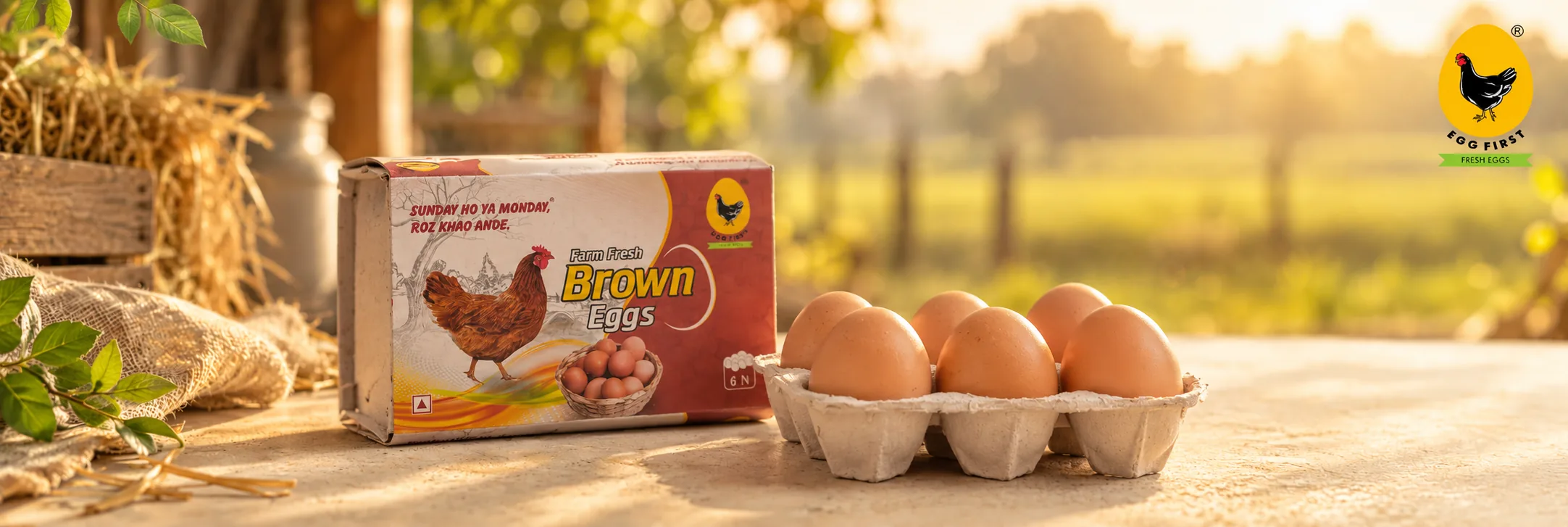 Egg First farm fresh brown eggs on a farm table at sunrise